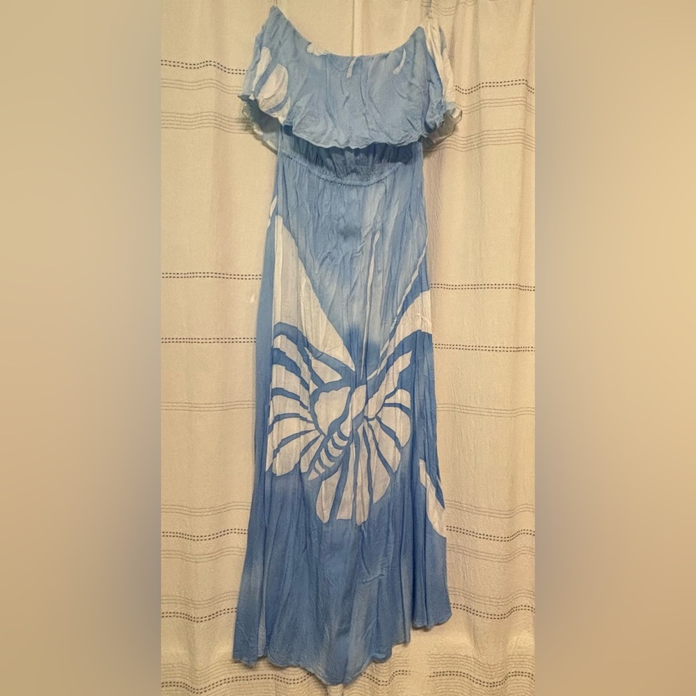 Blue and White Off-Shoulder Maxi Dress